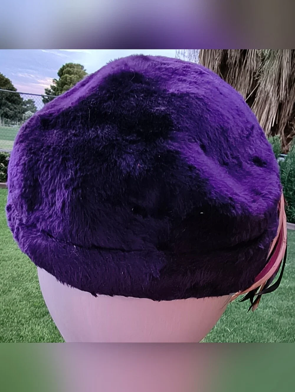 Purple Plush Hat Feathers and Jewels By Clare, Duchess Made In Italy